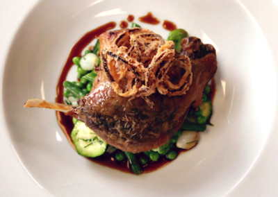 Duck Confit, Spring Vegetable Fricosaise & Crispy Shallots