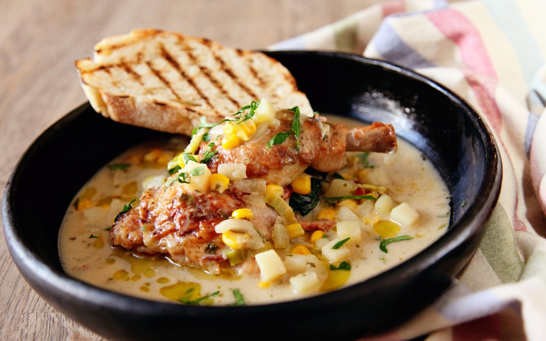 Chicken with Sweetcorn and Pancetta Chowder Sauce